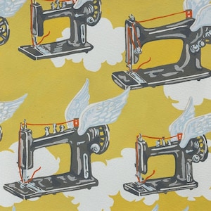 Cotton fabric SEWING MACHINE, FLYING MACHINES, wings, Alexander Henry, needle and thread, sky, clouds, sewing, fabric, cotton, 0.50 m