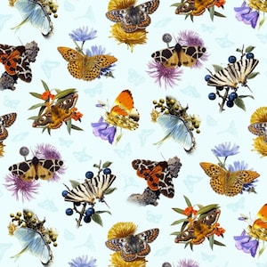 Cotton butterflies, butterfly, papillon, flowers, berries, foxes, peacock butterfly, blue, sewing, fabric, 0.50 m