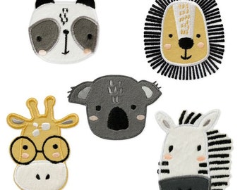 Patchs thermocollants Animaux de safari – Patchs avec girafe, lion, zèbre, koala, panda et ours – Appliques thermocollantes et à coudre