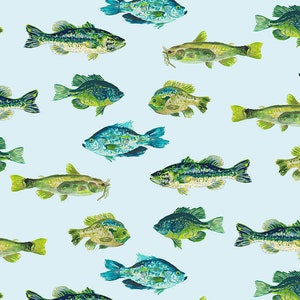 Puede incluir: Un patrón sin costuras que presenta varios tipos de peces, incluyendo lubina, bagre y crappie. Los peces se representan en un estilo de acuarela con tonos de verde, azul y amarillo sobre un fondo azul claro.