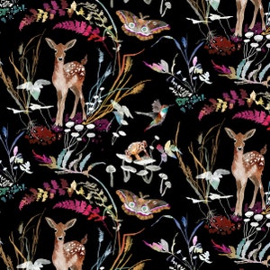 Cotton deer insects birds sewing, MAGIC FOREST, butterflies, mushrooms, grasses, toads, hummingbird, patchwork fabric, fabric, 0.50 m