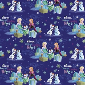 Baumwollstoff Disney Frozen mit Anna, Elsa und Olaf, dunkelblauer Weihnachtszauber für Taschen, Kissen und Geschenkbeutel, 0,5 m