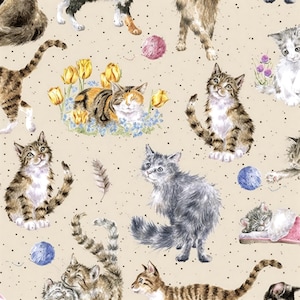 Könnte beinhalten: Aquarellillustration verschiedener Katzen in unterschiedlichen Posen, vor einem beigefarbenen Hintergrund mit kleinen schwarzen Punkten. Die Katzen sind in Braun-, Grau- und Orangetönen dargestellt, einige liegen zwischen Blumen und Wollknäueln.