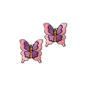 May include: Two pink and purple embroidered butterfly iron-on patches.