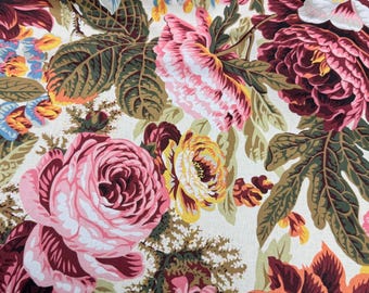 Katoenen stof met rozen, vintage bloemenprint, quilt, tassen, kussens, patchwork, koffie, Fassett, per meter, 0,5 m