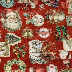 Weihnachtsstoff „Retro Christmas“ – Quilting Treasures Design mit Santa, Schneemann & Vintage-Motiven auf Rot, Patchworkstoff zum Nähen 0,50