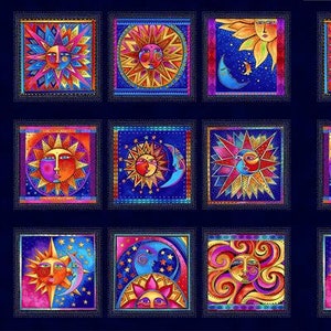 Puede incluir: Un fondo azul con nueve cuadrados coloridos, cada uno con un diseño estilizado de sol y luna. Los soles son amarillos, naranjas y rojos con una cara humana. Las lunas son azules y moradas con forma de media luna. Los cuadrados están delineados en oro y tienen una variedad de patrones.