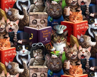 Baumwollstoff Katzen lustig Bücher Alltag Tiere Comic Patchworkstoff für Taschen Kissen Nähen Deko Katzenstoff Meterware 0,5 m
