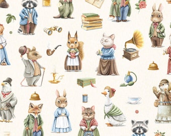 Bomullstyg med nostalgiska djurtryck – katter, hundar, rävar, ekorrar och mer, perfekt för lapptäcke, quilts och kreativa sömnadsprojekt, 0,30 m
