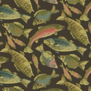 Tela de algodón con estampado de peces: trucha, perca, peces de agua dulce, GO FISH - Martha Negley Free Spirit, tela patchwork para coser, tela decorativa de 0,5 m