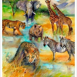 Può includere: Dipinto ad acquerello di una varietà di animali africani, tra cui una tigre, un elefante, un rinoceronte, una giraffa, una zebra e un leopardo. Gli animali sono raffigurati in un ambiente naturale con una lussureggiante vegetazione verde e un cielo blu.