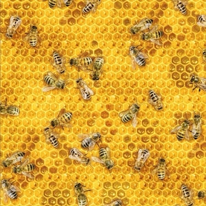 May include: A detailed pattern of numerous honeybees scattered across a golden yellow hexagonal honeycomb structure. The bees are depicted in various positions and orientations, showcasing their striped bodies, wings, and legs against the textured wax cells.