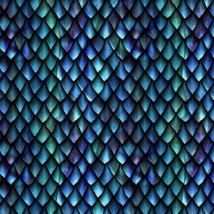 Op de afbeelding: Een herhalend patroon van overlappende schubben in tinten blauw, teal en paars. De schubben hebben een textuur, waardoor een glinsterend effect ontstaat. Het ontwerp roept een fantasie- of aquatisch thema op.