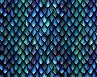 Cotton fabric with blue dragon scale pattern, ideal for fantasy, cosplay & creative sewing ideas, 0.30 m
