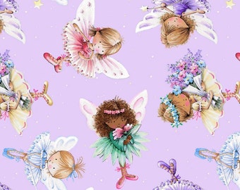 Cotton Fairies Elves Ballerina Magic Stars Magic Wand Fairy Dust Flower Wreath Wings Sewing Patchwork Fabric 0.50m