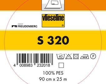 May include: A yellow and white label with the text "vlieseline" and "S 320". The label also includes a barcode, washing instructions, and the text "100% PES 90 cm x 25 m".