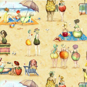 Może przedstawiać: Kolorowa ilustracja kobiet na plaży w różnych strojach kąpielowych z motywem owoców. Kobiety cieszą się słońcem i piaskiem, niektóre jedzą owoce, a inne relaksują się na leżakach. Ilustracja wykonana jest w fantazyjnym stylu z jasnymi kolorami i zabawnymi detalami.