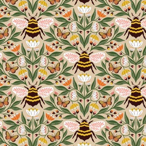 May include: A seamless pattern featuring stylized bees with pink wings, butterflies, and floral elements in shades of green, yellow, orange, white, and pink on a beige background.