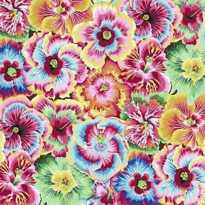 Baumwollstoff mit Hibiskus- und Eibisch-Blumen in leuchtenden Farben – tropisches Free-Spirit-Design für kreative Näh-, Deko- und Patchworkprojekte.