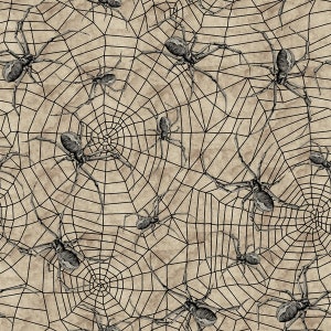 Può includere: Uno schema senza cuciture con ragni neri su uno sfondo beige con un design a ragnatela nera. I ragni sono disegnati in stile vintage.