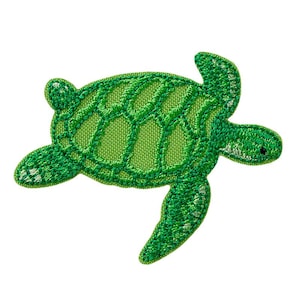 May include: Green embroidered sea turtle patch. The turtle is facing right and has a detailed shell pattern.