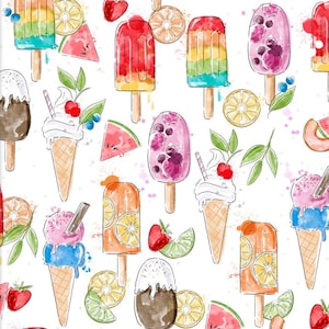Può includere: Un motivo ad acquerello con vari disegni di gelato e ghiaccioli. Il motivo include coni gelato, ghiaccioli con gusti di frutta e fette di anguria. Lo sfondo è bianco con schizzi di colore.