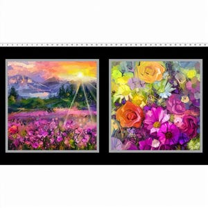 May include: A fabric panel featuring two square art prints on a black background. The left print shows a mountain landscape at sunset with purple flowers in the foreground. The right print displays a vibrant bouquet of yellow, orange, and pink flowers.