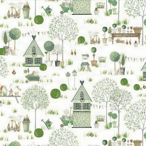 Tecido de algodão para alegria no jardim, casa de campo, jardim, casinha de jardim, árvores – Acufactum Cottage Patchwork para bolsas, almofadas e decoração, 0,3 m