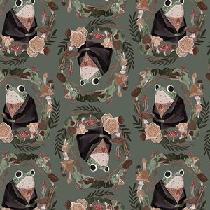 Könnte beinhalten: Wiederholendes Muster mit skurrilen Fröschen in schwarzen Jacken und Fliegen, umgeben von Pilz- und Laubkränzen. Das Design hat eine gedämpfte Farbpalette aus Grün-, Braun- und Cremetönen und erzeugt eine bezaubernde, von der Natur inspirierte Ästhetik.