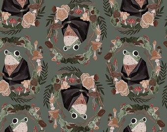 Cotton fabric with frogs, mushrooms, flowers, toads, and frog motifs, sold by the meter for quilts, bags, and cushions, 0.5 m