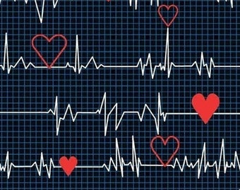 Cotton EKG heart tones life line heartbeat, heartbeat, heart line, electrocardiogram, sewing, cotton fabric, fabric, 0.50 m