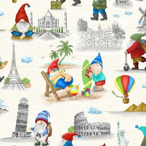 Cotton fabric GLOBETROTTER Gnome – Wanderlust, Hiking, Yoga, Surfing, Sightseeing, Meditation, Digital printing, Quilting & Patchwork, Sewing, 0.50 m