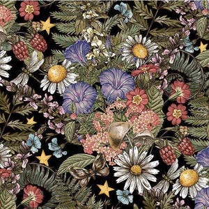 May include: A detailed floral pattern on a black background. The design features daisies, morning glories, and other flowers in shades of white, purple, pink, and red. Green leaves, yellow stars, and butterflies are also included.