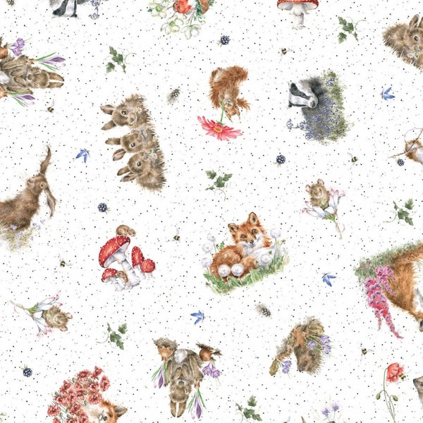 Tissu en coton pour bébés animaux, hérissons, écureuils, lapins, renards, blaireaux, oiseaux, hamsters, papillons, souris, fleurs, champignons, 0,50 m