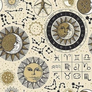 Cotton The Sun, The Moon and The Stars by In The Beginning, constellations, zodiac signs, astrology, universe, fabric, 0.50 m