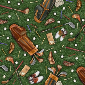 Könnte beinhalten: Eine Ansammlung von Golfausrüstung auf grünem Rasen. Das Bild zeigt Golftaschen, Schläger, Golfbälle, Tees und Golfschuhe. Die Farbpalette umfasst Braun-, Grün-, Weiß- und Rottöne und erzeugt eine klassische, Vintage-Ästhetik.