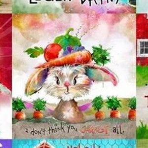 Hase mit Möhren auf dem Kopf, umgeben von Blumen und Farbsprenkeln – witziges Tiermotiv im Digitaldruck.