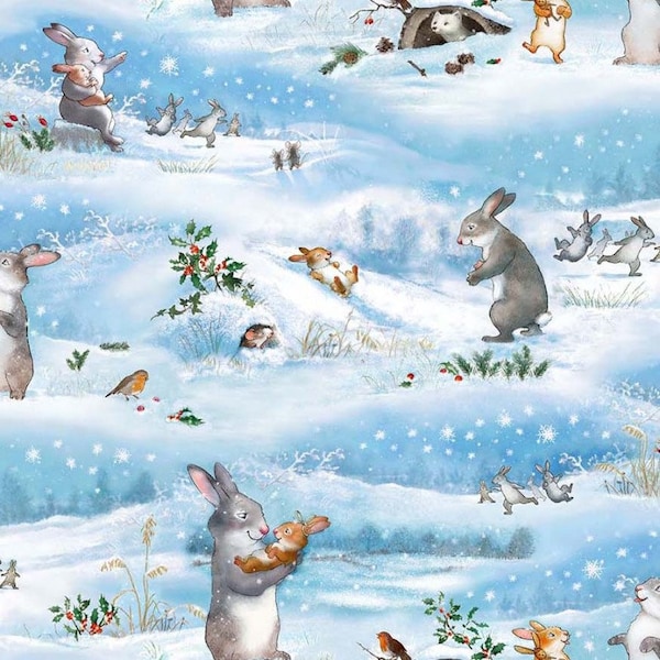 Cotton rabbits, loving rabbits in winter, rabbits, robins, mice, fox, snow, Ilex, winter, rabbit family, sewing, fabric, 0.50 m