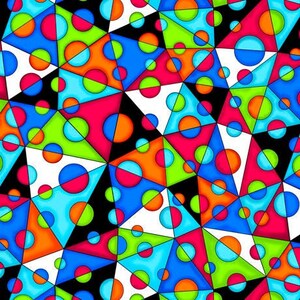 Puede incluir: Patrón geométrico abstracto con círculos superpuestos en tonos de azul, verde, rojo, naranja y negro. Los círculos están dispuestos en un patrón repetitivo sobre un fondo blanco.