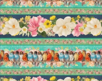 Op de afbeelding: Een herhalend patroon met kleurrijke vogels op een tak, afgewisseld met bloemen- en botanische ontwerpen. Het ontwerp bevat witte, roze en gele bloemen en teal en marineblauwe strepen.