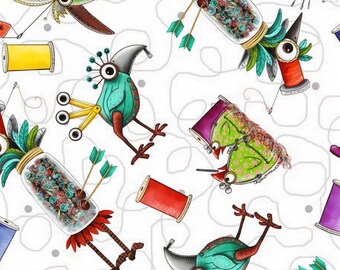 Cotton fabric, sewing birds, sewing accessories, Steampunk yarn, buttons, patchwork fabric, QT Fabrics 0.5 m