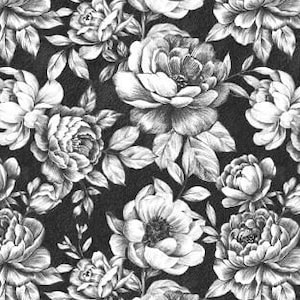 Könnte beinhalten: Schwarz-weißes Blumenmuster mit großen weißen Rosen und Blättern auf schwarzem Hintergrund.