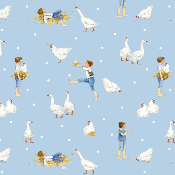 Cotton fabric geese chickens children country life Acufactum sewing fabric 0.30 m