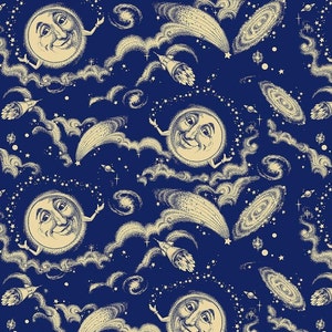Puede incluir: Un patrón sin costuras con lunas sonrientes, estrellas, cometas y galaxias sobre un fondo azul oscuro. El diseño es de estilo vintage con una estética dibujada a mano.