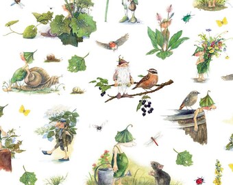 Cotton Forest Spirit Gnome Butterflies Ladybug Snail Birds Summer Grasses Acufactum Sewing Fabric Cotton Fabric 0.30m