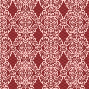 May include: A seamless pattern featuring a repeating floral lace design in shades of red and pink. The intricate pattern includes stylized flowers, hearts, and swirling details, set against a textured red background. This design is suitable for fabric, wallpaper, or digital art.