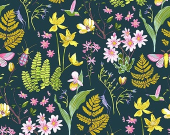 Cotton Anew by Windham Fabrics Insetti Uccelli Farfalle Orchidee Erbe Felci Colibrì Cielo notturno Tessuti da cucito 0,25 m