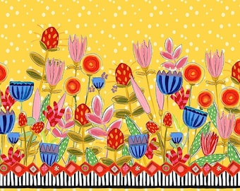 Baumwollstoff Blumen Blüten HAPPY Bordüre, Borte, Streifen, Dots, Punkte, GELB, Digitaldruck, Stoff, Baumwolle, nähen, 0,50 m