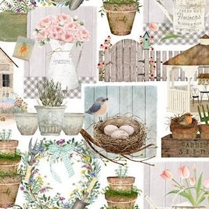 Op de afbeelding: Een collage van afbeeldingen met verschillende tuingerelateerde elementen, waaronder een wit houten hek, een vogelhuisje, een vogelnest met eieren, een gieter, een bloempot, een tuinhuisje, een prieel en een houten bord met de tekst "Garden Seeds".