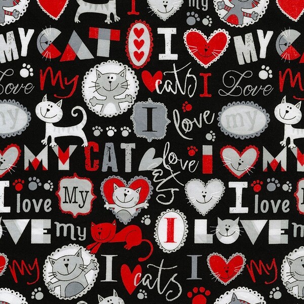 0.33m, cats, cat, black, red, cat fabric, cotton fabric, patchwork fabric, fabric, cotton